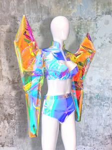 Metaverse Holographic big sleeves motor biker Iridescent cyber | clear vinyl custom made ,unisex, fashion, festival rave outfit