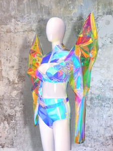 Metaverse Holographic big sleeves motor biker Iridescent cyber | clear vinyl custom made ,unisex, fashion, festival rave outfit