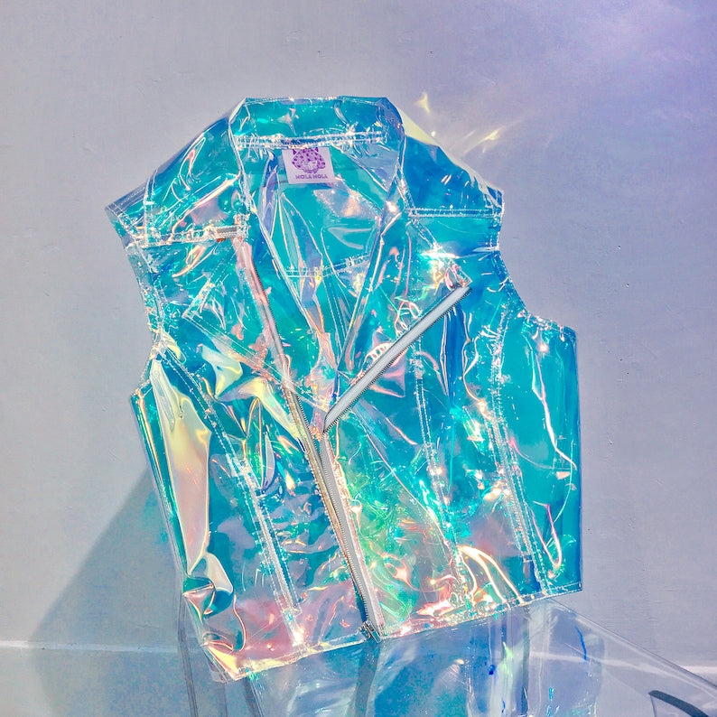 Holographic see through rainbow sleeveless biker ｜vest｜Unisex